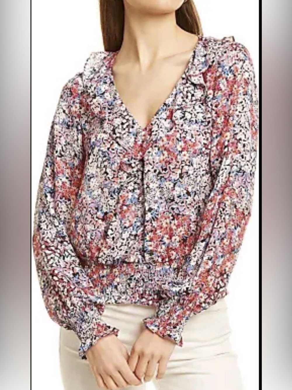 Parker New York Silk Long Mock Wrap Sleeve Floral Ruffle Blouse.